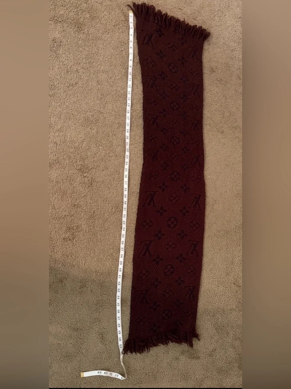 Authentic Louis Vuitton Brown Monogram Knit Fringe Scarf 51x11 MPN 413287 wool